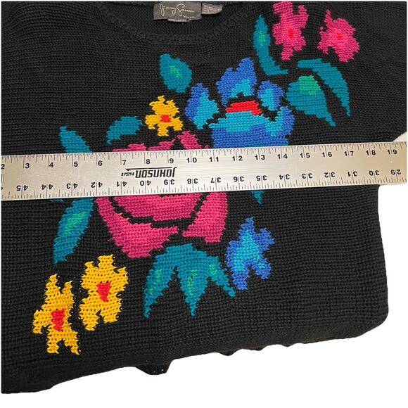Jimmy Garcia NY Womens Sweater Vtg M Hand Loomed Black Floral Shoulder Pads 80s - Picture 7 of 8